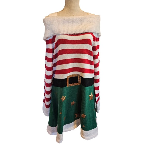 Holiday Time Womens Christmas Dress XL Elf Santa Costume Striped Off Shoulder - Picture 2 of 6